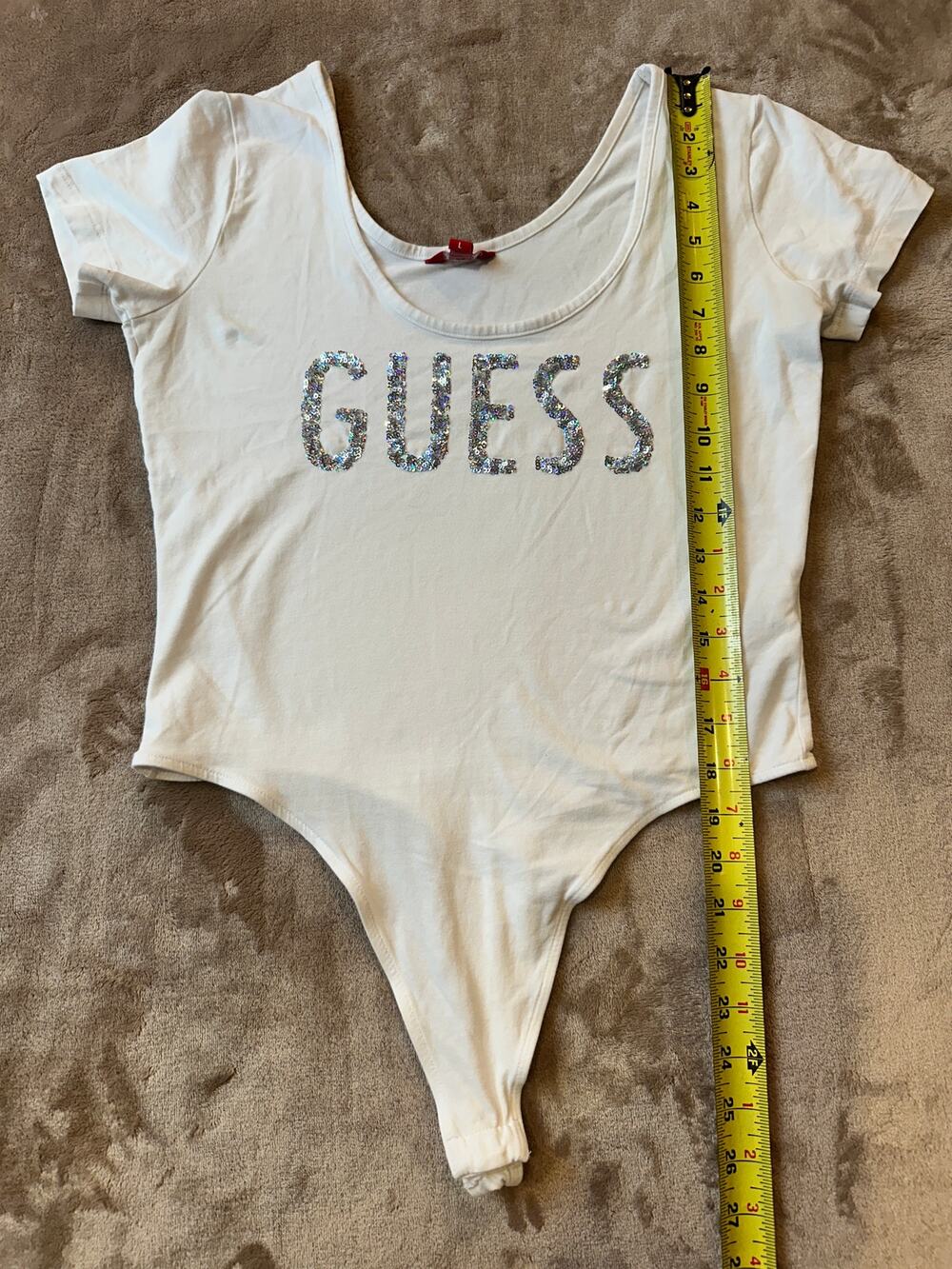 Y2K Guess White Sequin Logo Bodysuit Women's Large Short Sleeve Stretch
